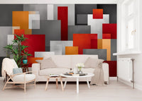 Geometric Red and Grey Block Composition Wall Mural