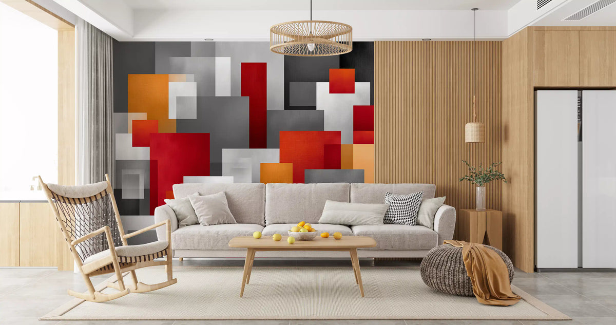Geometric Red and Grey Block Composition Wall Mural