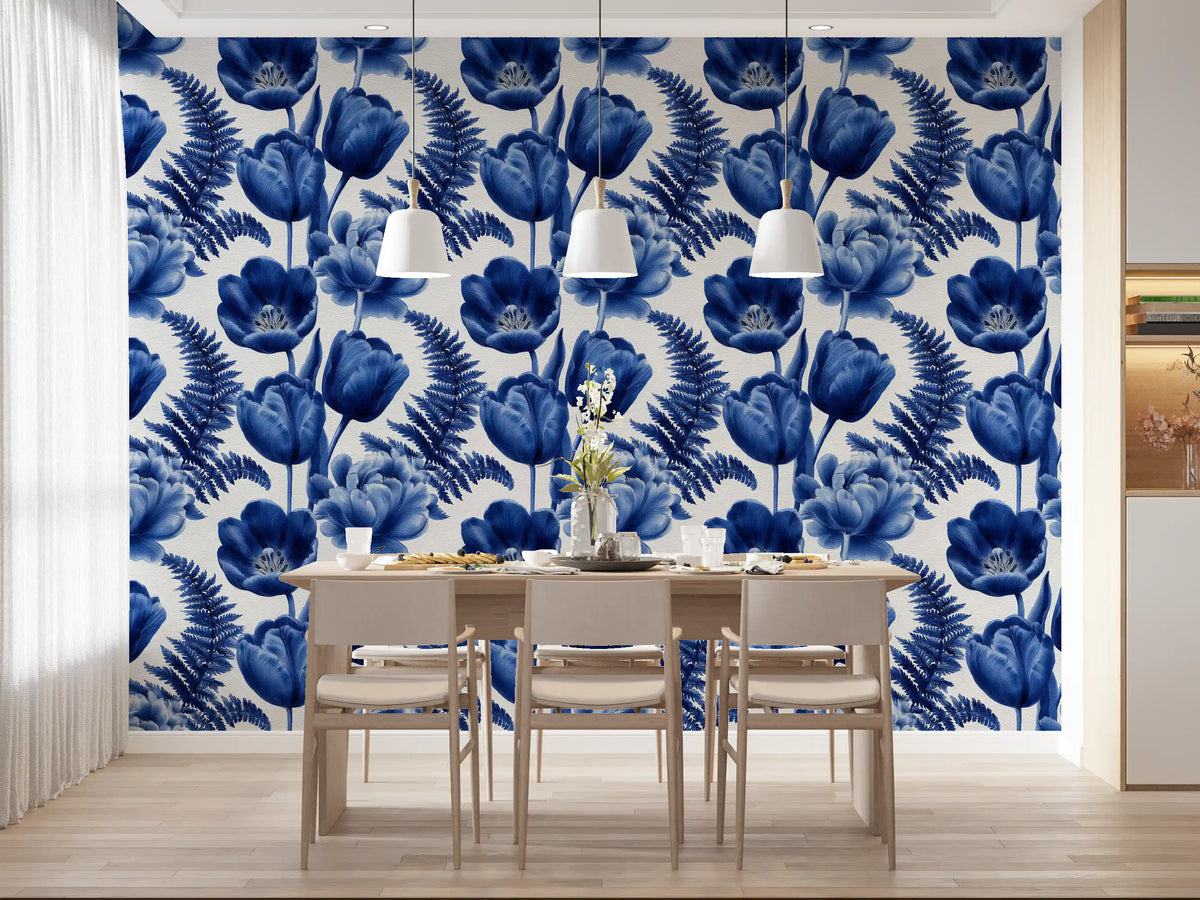 Indigo Botanical Tulip Fern Sketch Wallpaper⁠