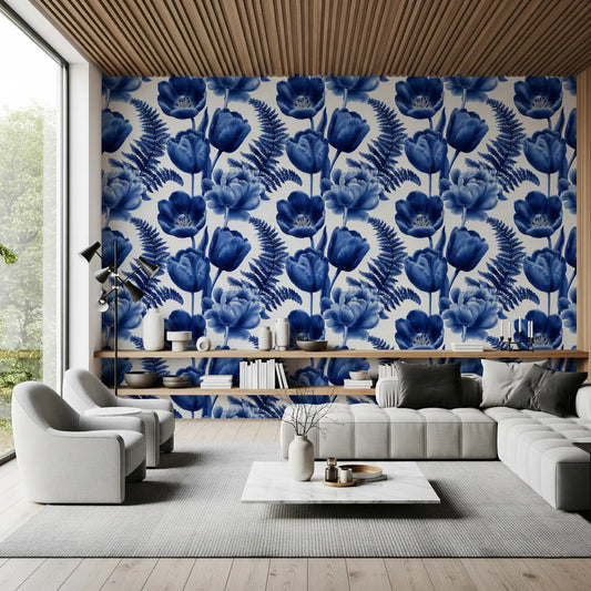Indigo Botanical Tulip Fern Sketch Wallpaper⁠
