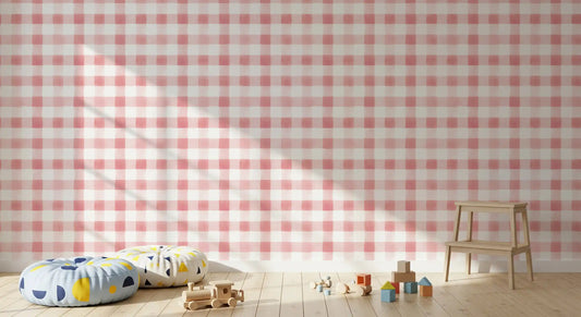 Pink check wallpaper in a sunny playroom with floor cushions, a step stool and wood toys GD13829