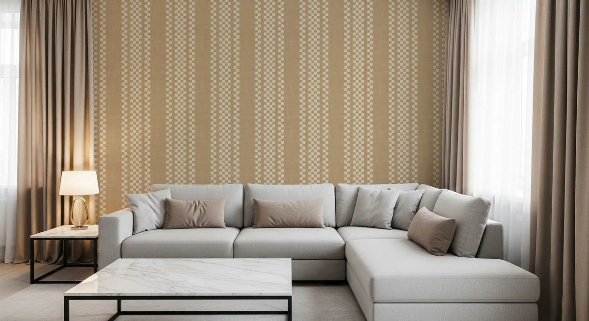 Ticking Checker Stripes - Beige Canvas Wallpaper⁠