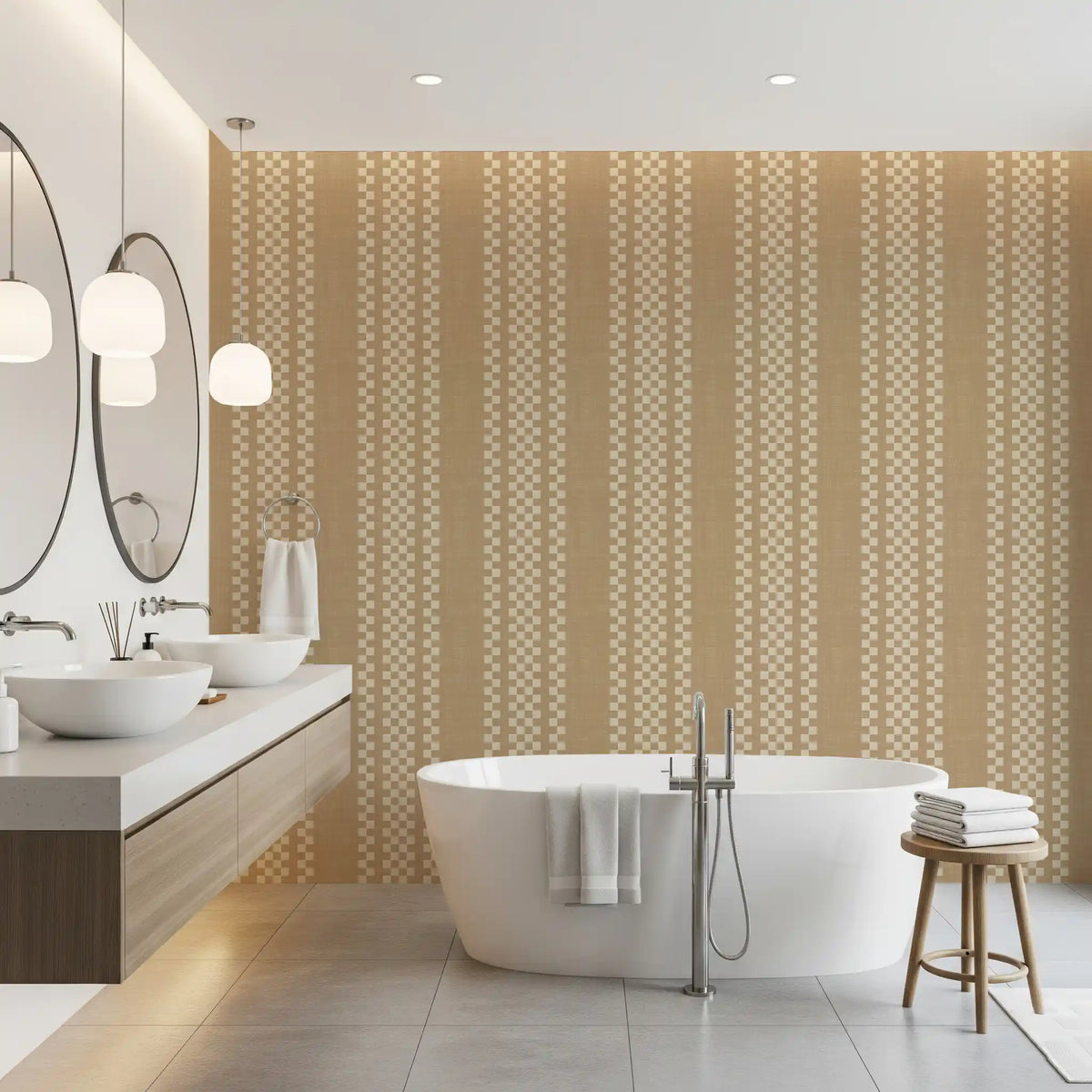 Ticking Checker Stripes - Beige Canvas Wallpaper⁠