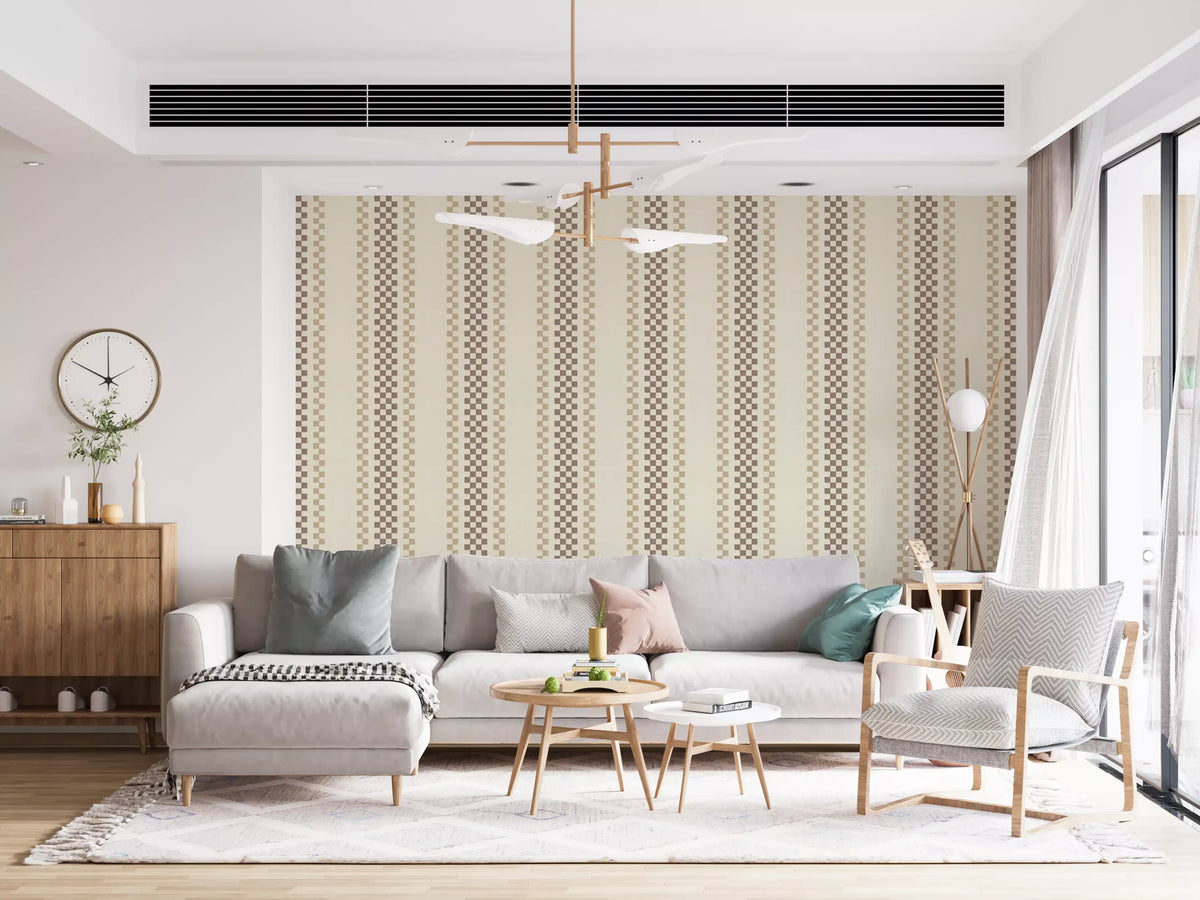 Ticking Checker Stripes - Chocolate & Beige Wallpaper⁠