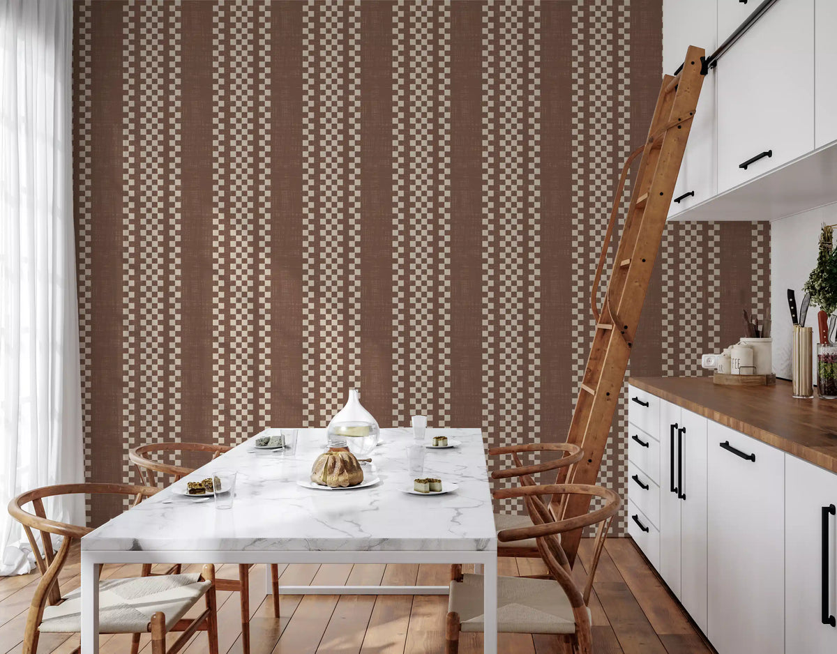 Ticking Checker Stripes - Chocolate Canvas Wallpaper⁠