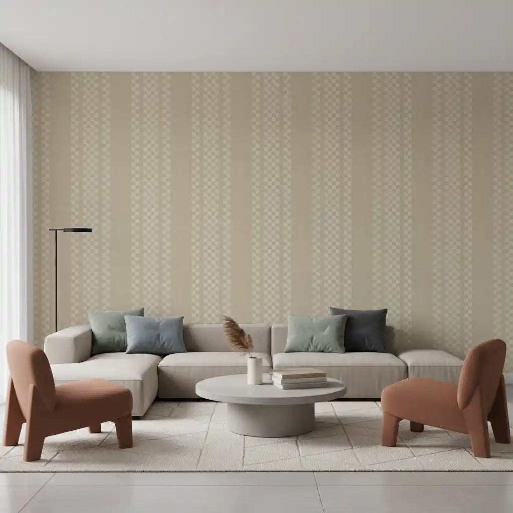 Ticking Checker Stripes - Cream Canvas Wallpaper⁠
