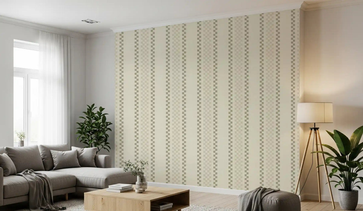 Ticking Checker Stripes - Cream & Sage Wallpaper⁠