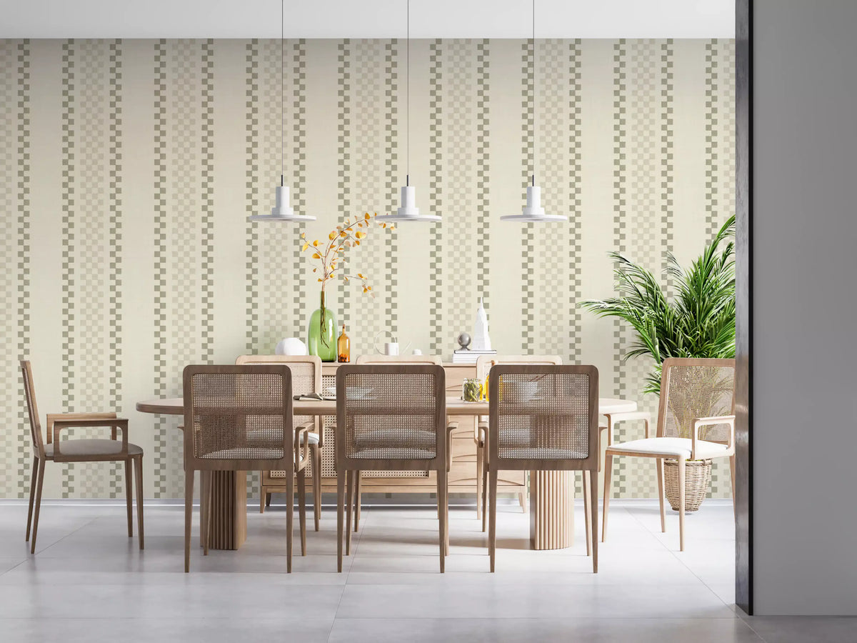 Ticking Checker Stripes - Cream & Sage Wallpaper⁠
