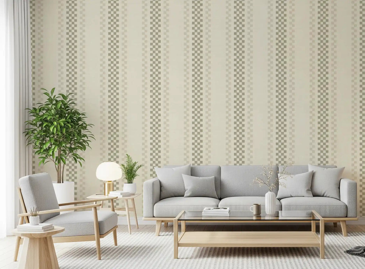 Ticking Checker Stripes - Sage & Cream Wallpaper⁠