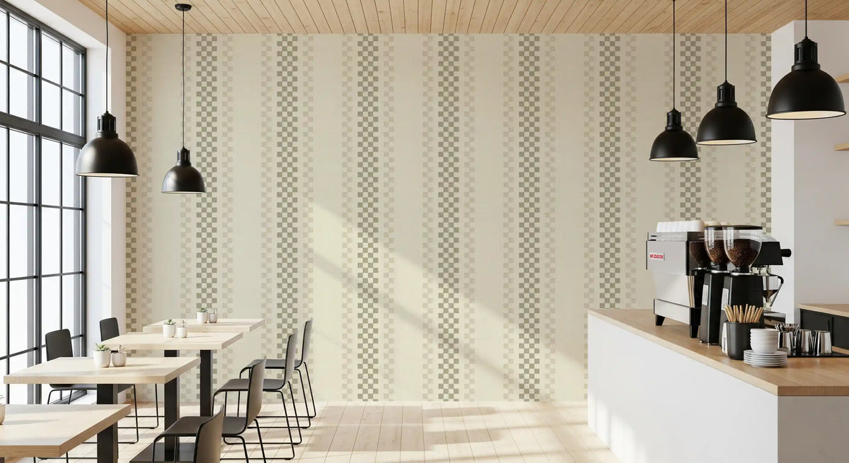 Ticking Checker Stripes - Sage & Cream Wallpaper⁠