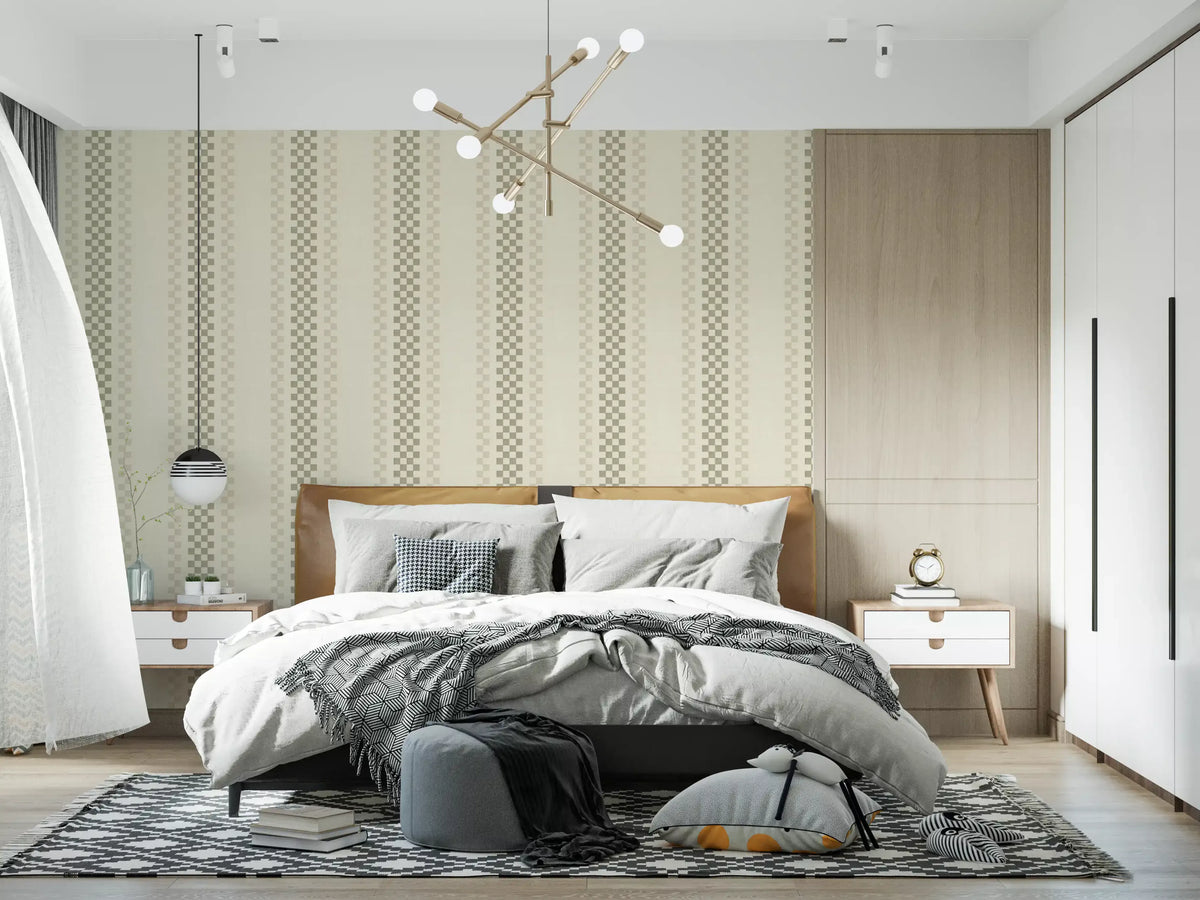 Ticking Checker Stripes - Sage & Cream Wallpaper⁠