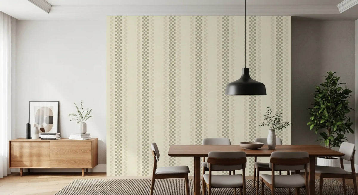Ticking Checker Stripes - Sage & Cream Wallpaper⁠