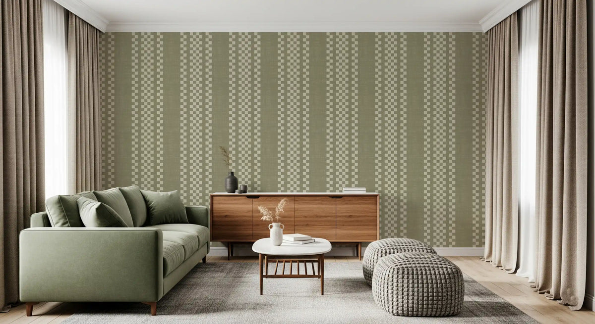 Ticking Checker Stripes - Sage Canvas Wallpaper⁠