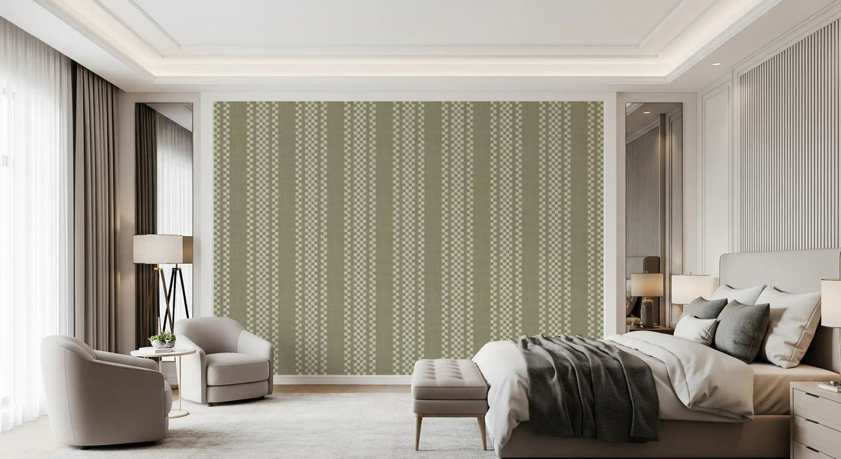 Ticking Checker Stripes - Sage Canvas Wallpaper⁠