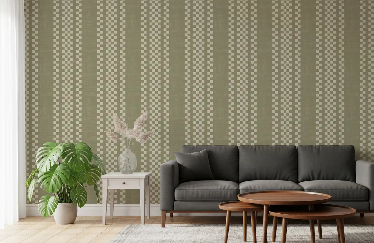 Ticking Checker Stripes - Sage Canvas Wallpaper⁠