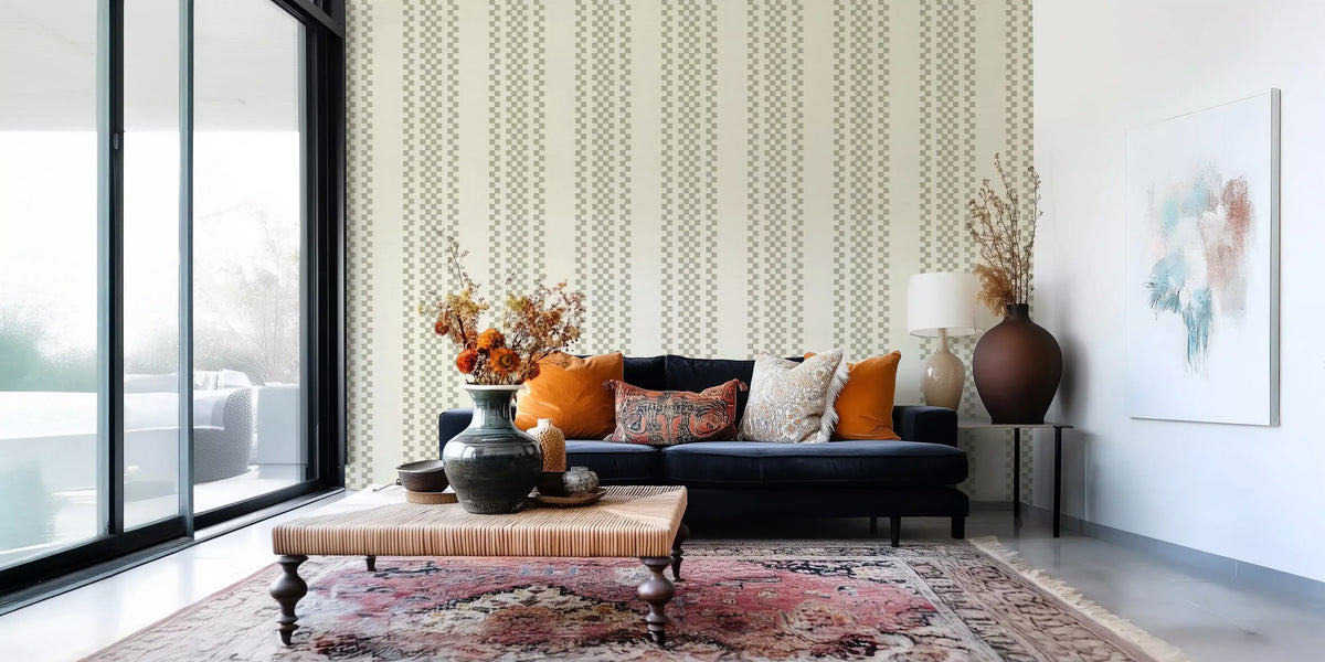Ticking Checker Stripes - Sage Wallpaper⁠