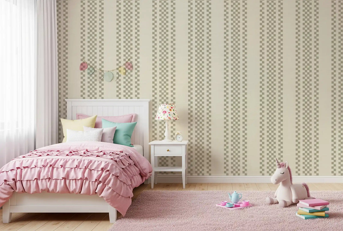 Ticking Checker Stripes - Sage Wallpaper⁠