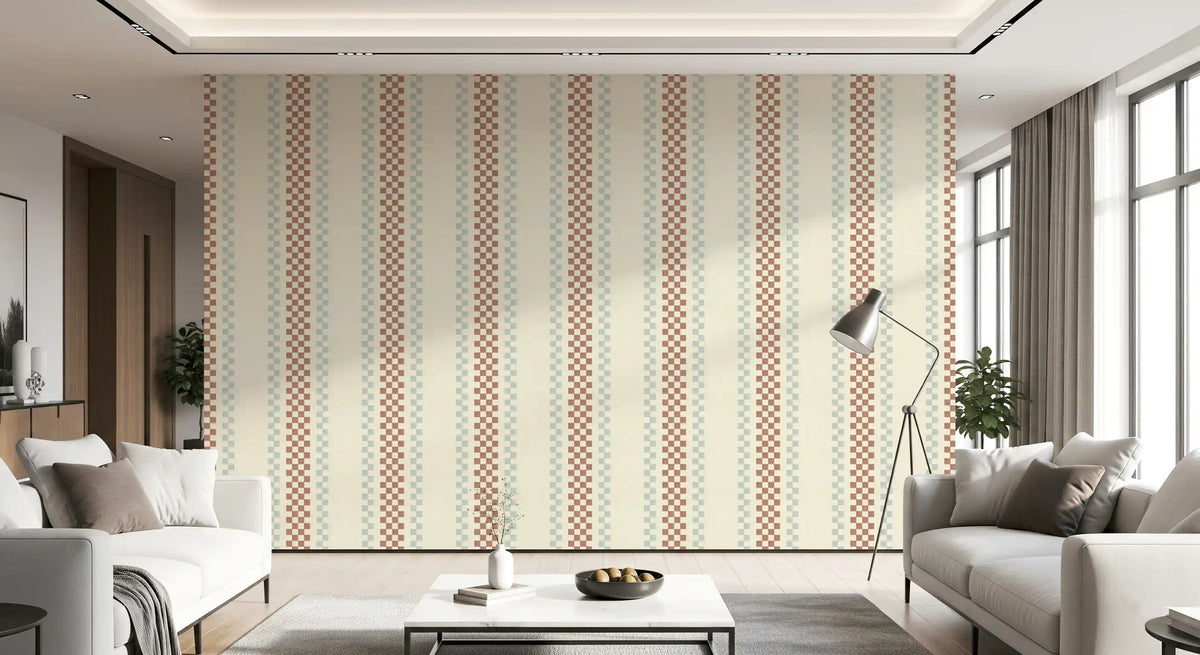 Ticking Checker Stripes - Terracotta & Watery Wallpaper⁠