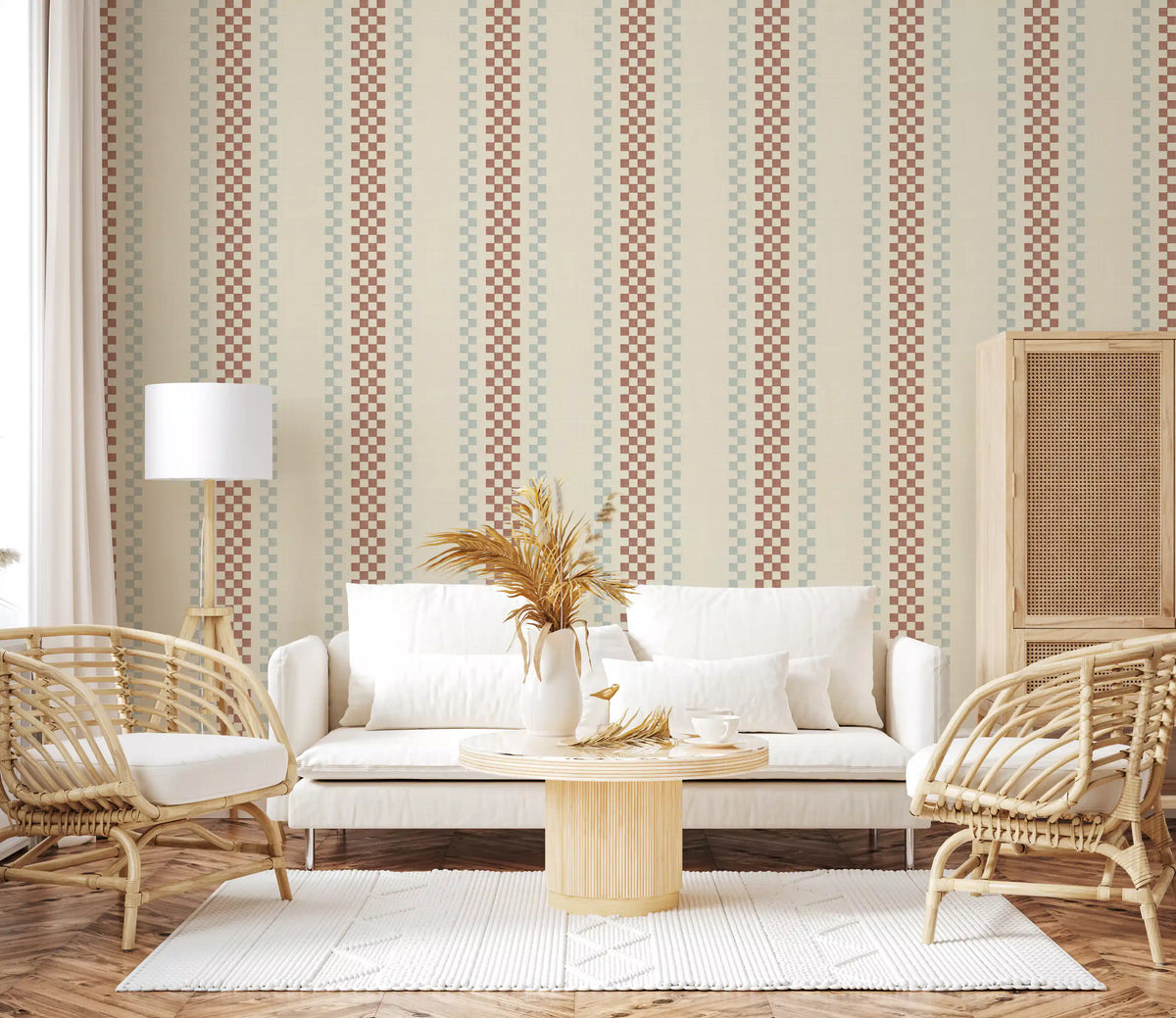 Ticking Checker Stripes - Terracotta & Watery Wallpaper⁠