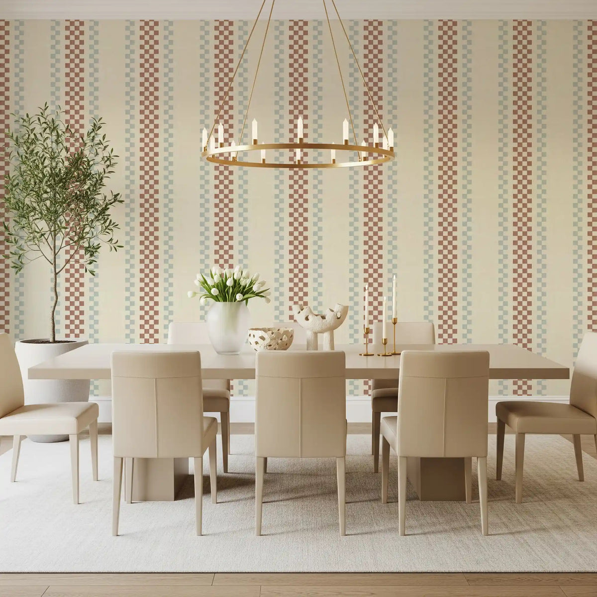 Ticking Checker Stripes - Terracotta & Watery Wallpaper⁠