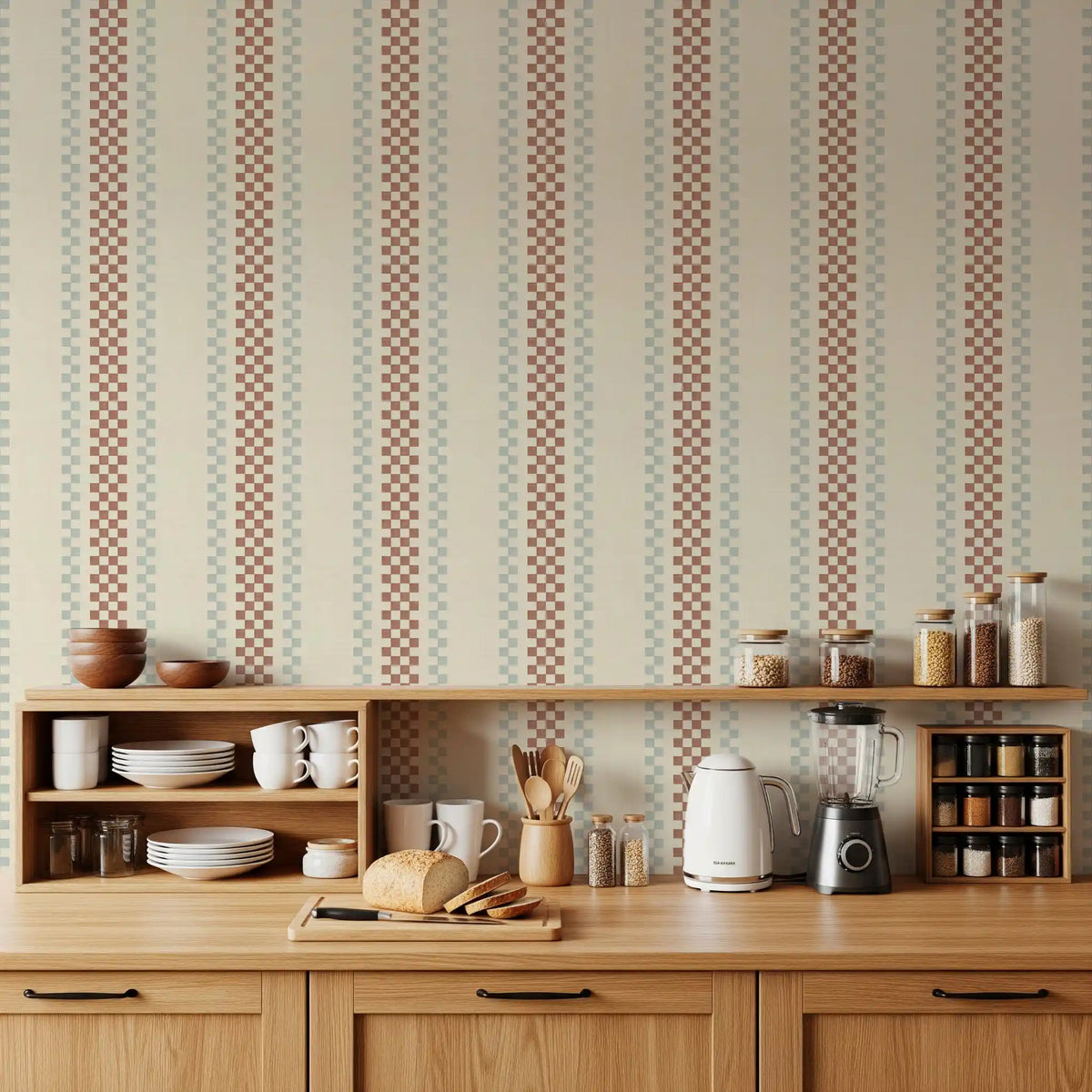 Ticking Checker Stripes - Terracotta & Watery Wallpaper⁠