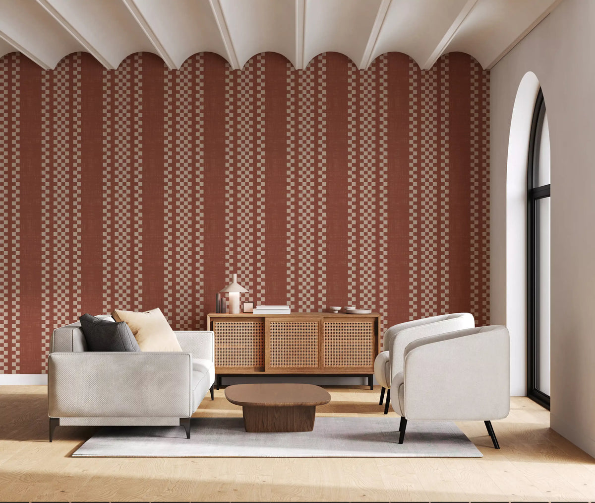 Ticking Checker Stripes - Terracotta Canvas Wallpaper⁠