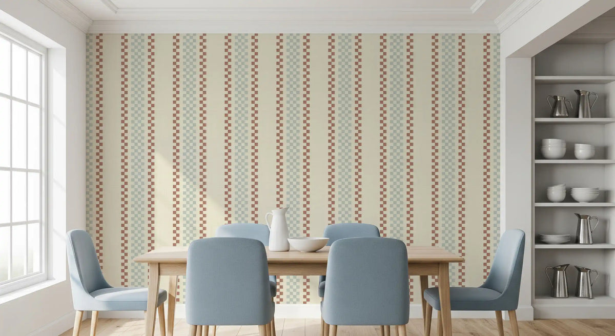 Ticking Checker Stripes - Watery & Terracotta Wallpaper⁠