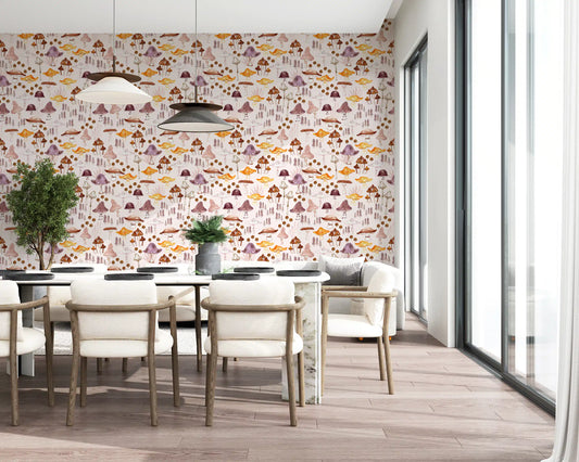 Watercolor Woodland Mushroom Pattern Wallpaper⁠