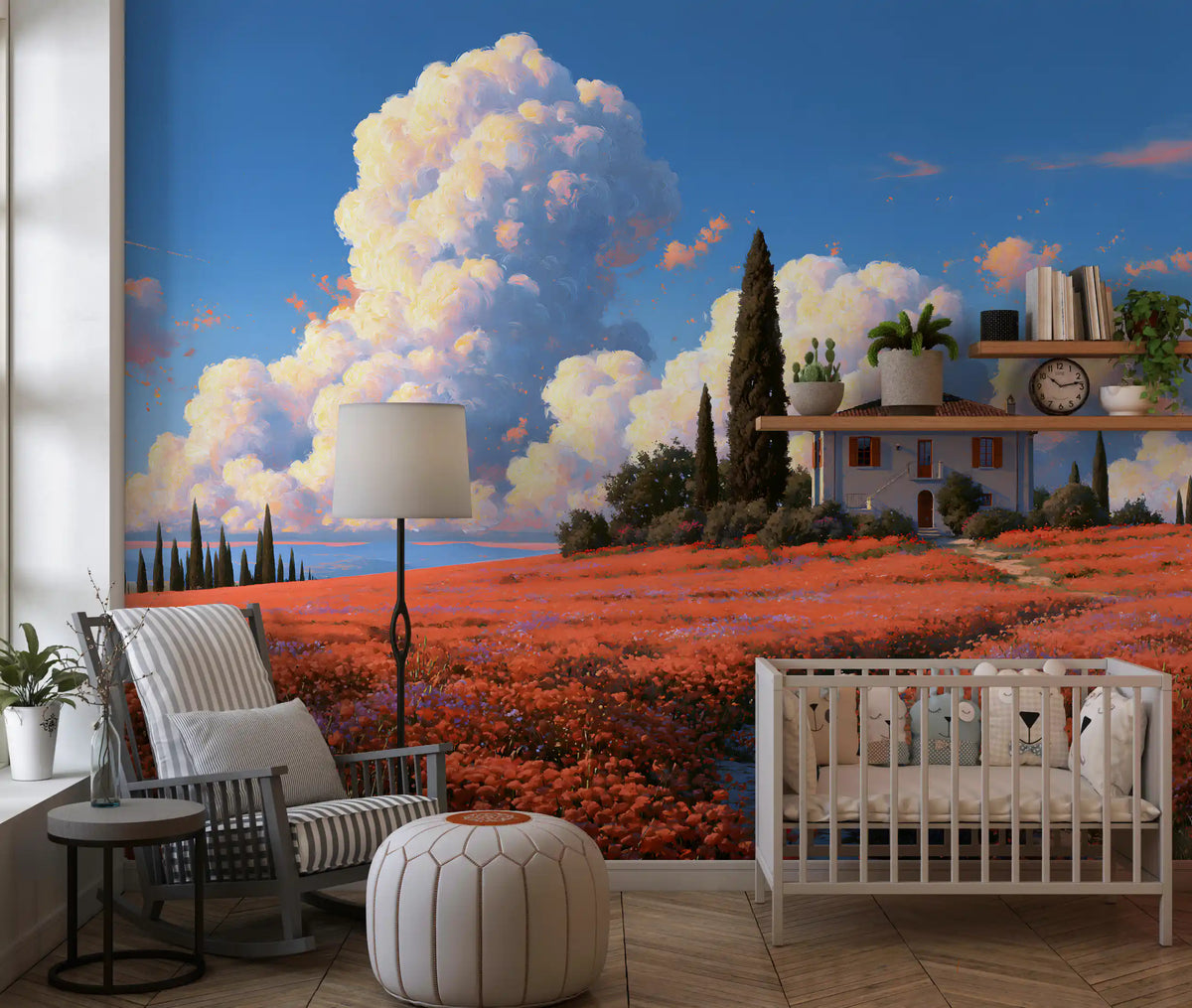 Nursery with white crib, gray rocking chair and pouf against a Tuscan poppy field mural GD13850