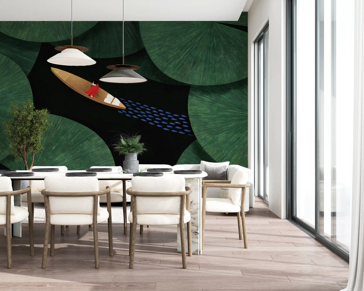Lone Traveler Amidst Green Lily Pads Wall Mural