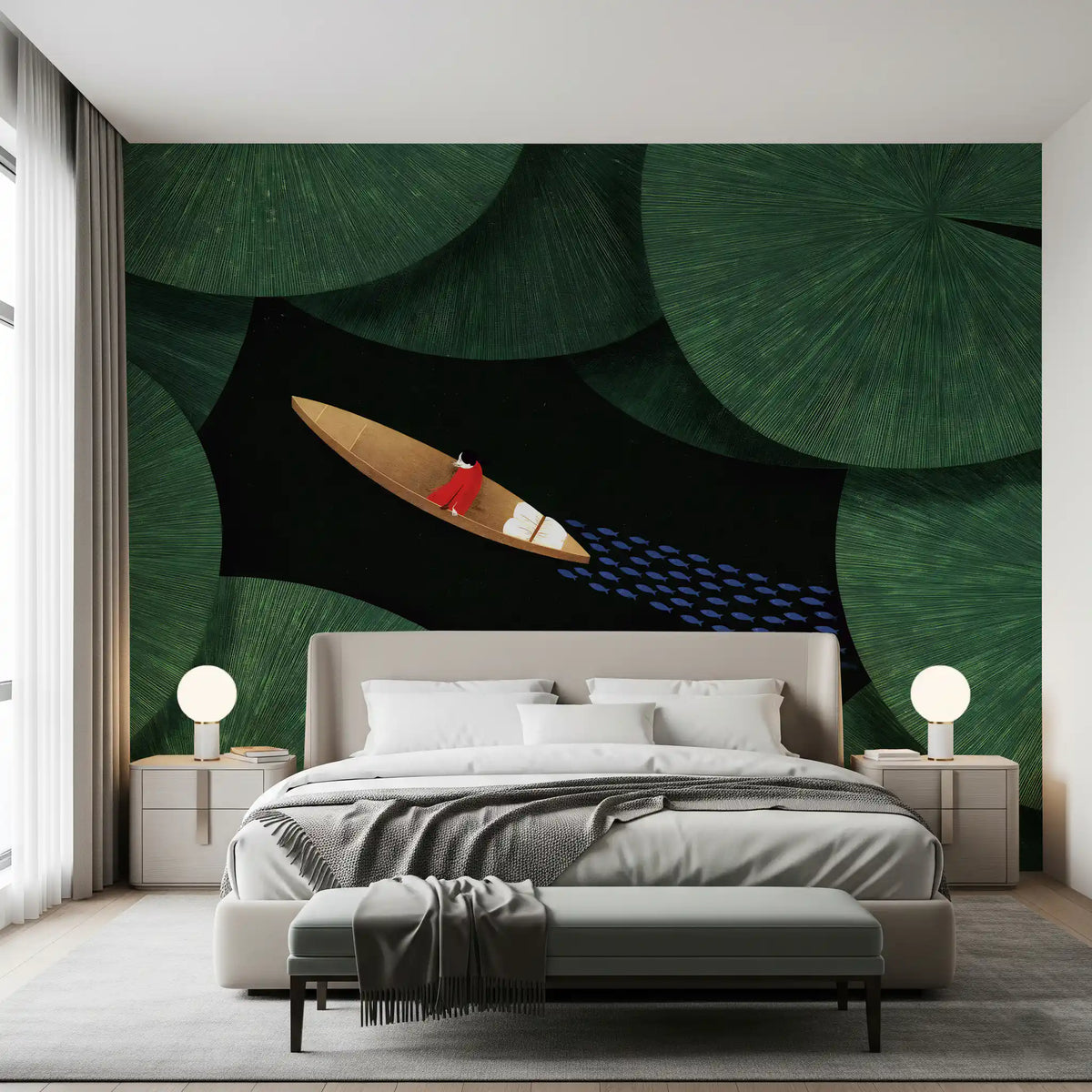 Lone Traveler Amidst Green Lily Pads Wall Mural