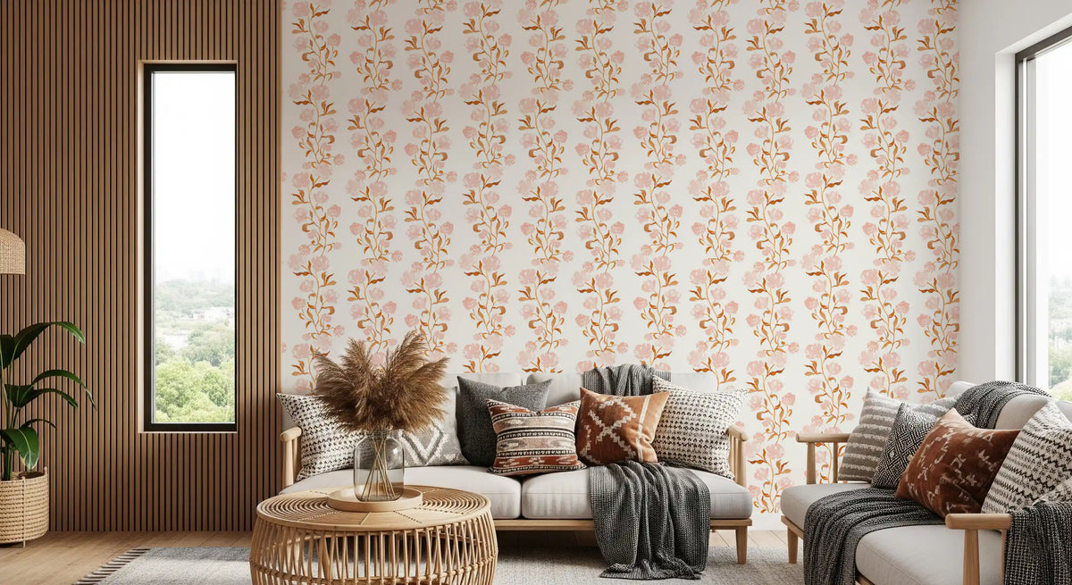 Watercolor Blush and Copper Vine Trailing Floral Wallpaper⁠