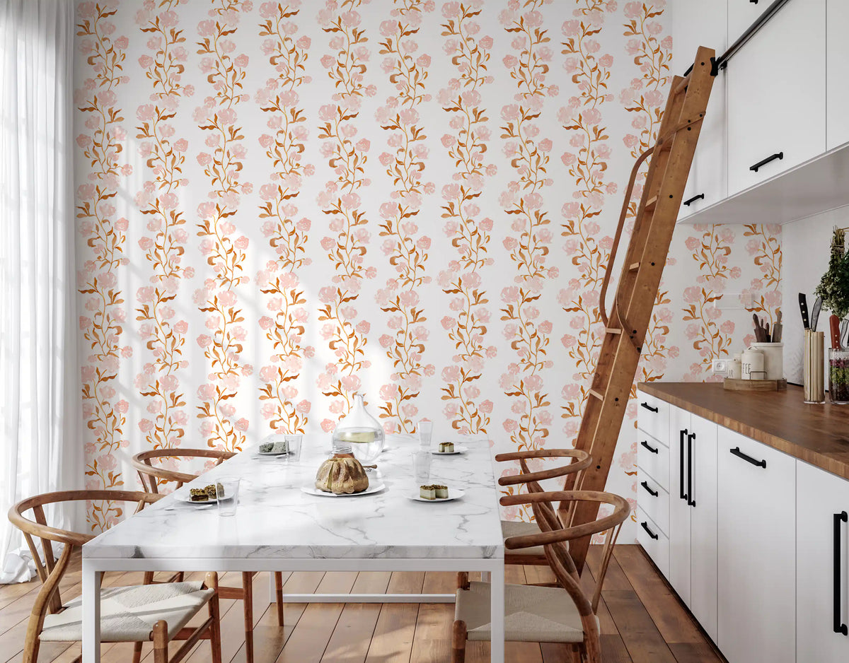 Watercolor Blush and Copper Vine Trailing Floral Wallpaper⁠