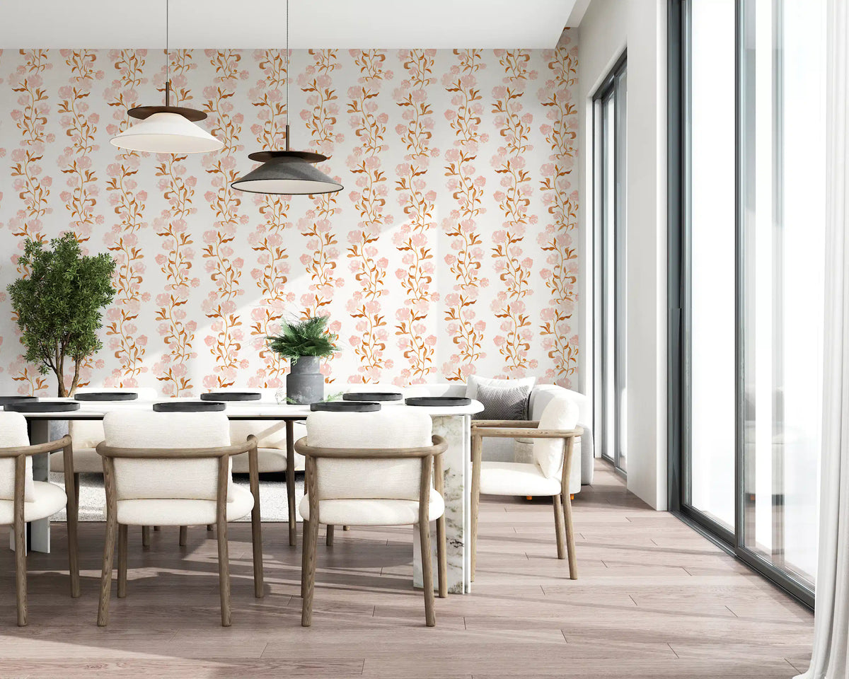 Watercolor Blush and Copper Vine Trailing Floral Wallpaper⁠