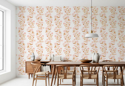 Watercolor Blush and Copper Vine Trailing Floral Wallpaper⁠
