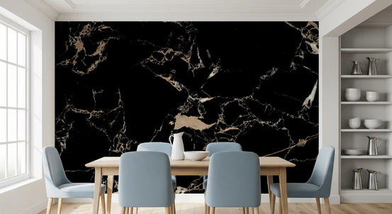 Marble wallpaper mural in a dining room with pale blue chairs and white open shelves GD13879