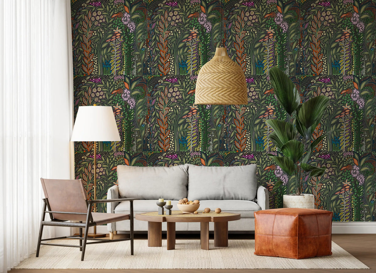 Dark Botanical Meadow Tapestry Wallpaper⁠