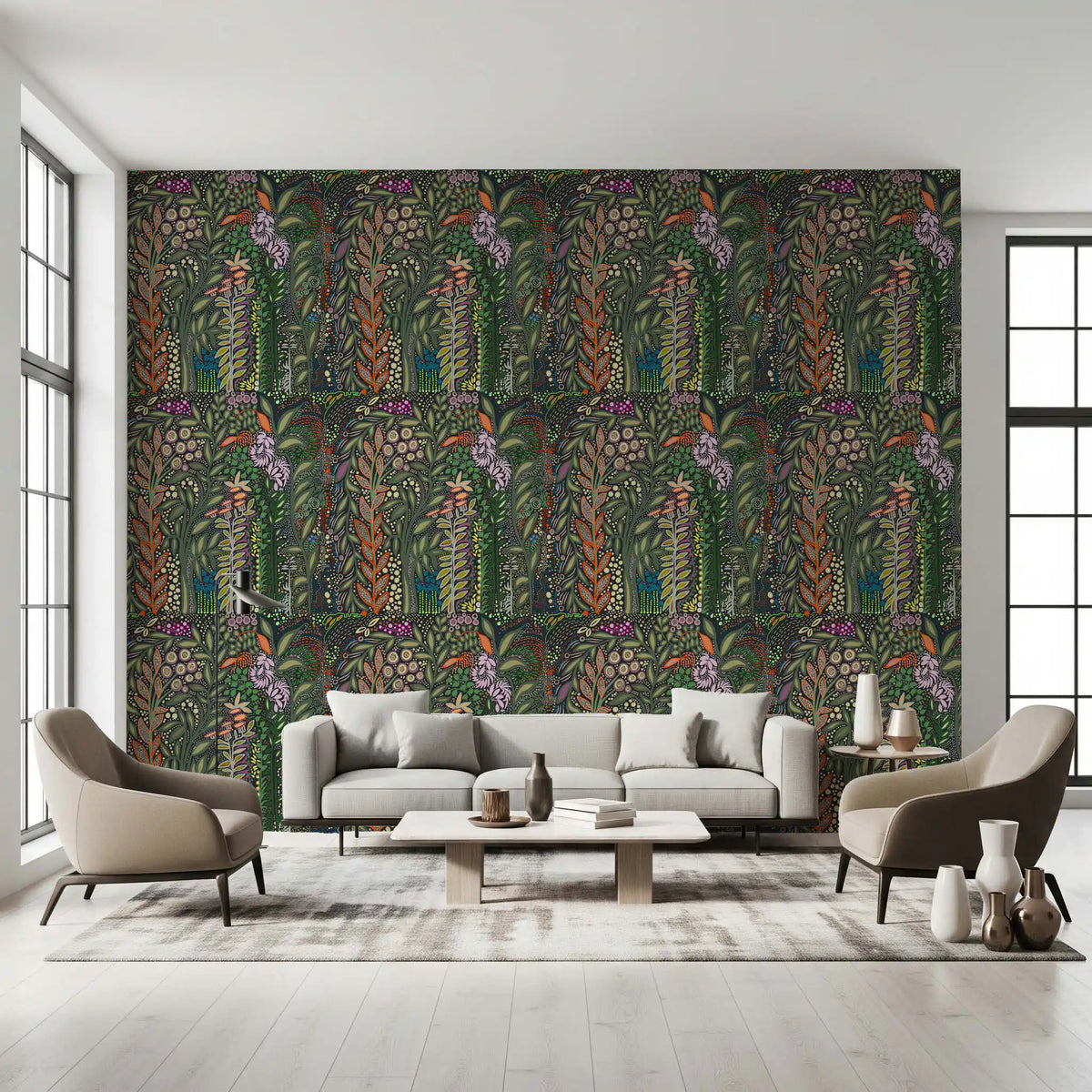 Dark Botanical Meadow Tapestry Wallpaper⁠