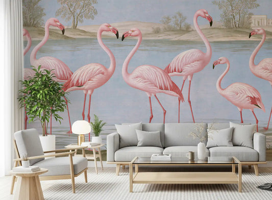 Pink flamingo mural with a light gray sofa, glass coffee table and gray armchair GD13890