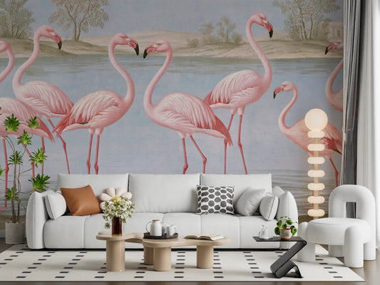 Flamingo wallpaper mural behind a white sofa, wood coffee table and pebble lamp GD13890