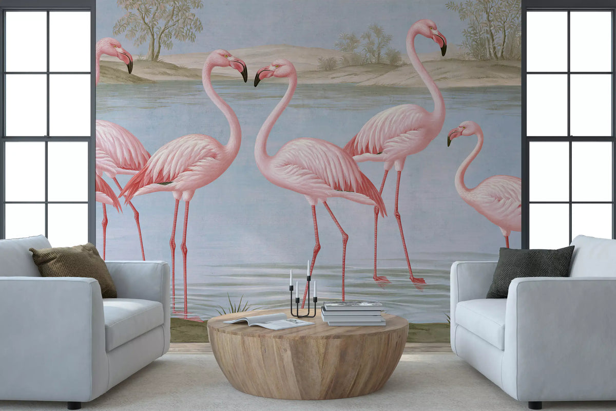 Flamingo Oasis Riverside Scene Wall Mural