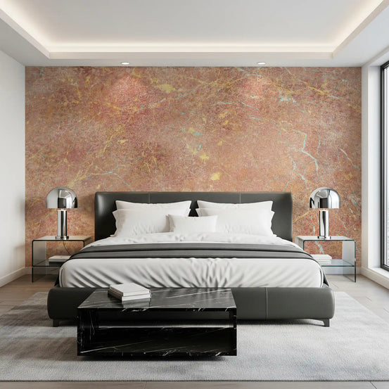 Terracotta marble wallpaper mural behind a black leather bed with chrome lamps GD13899