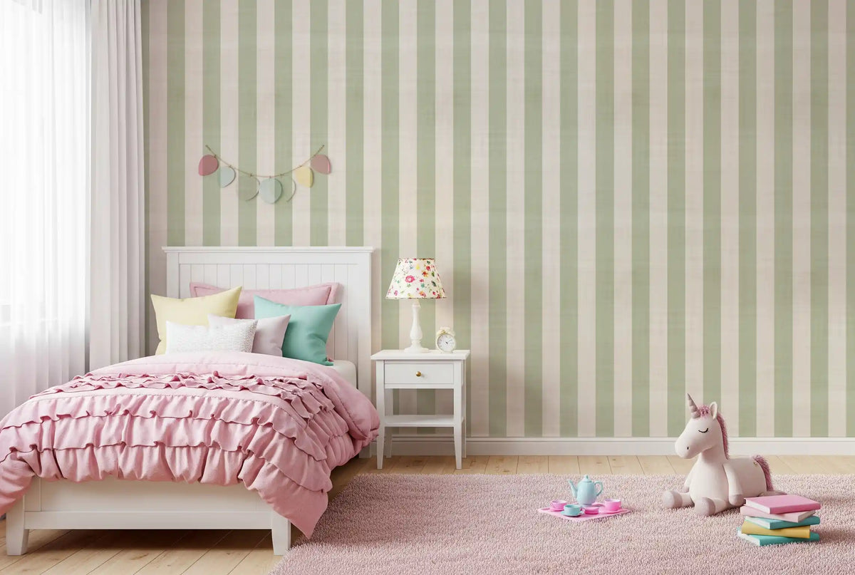 Green and White Stripe Linen Look Texture Wallpaper⁠