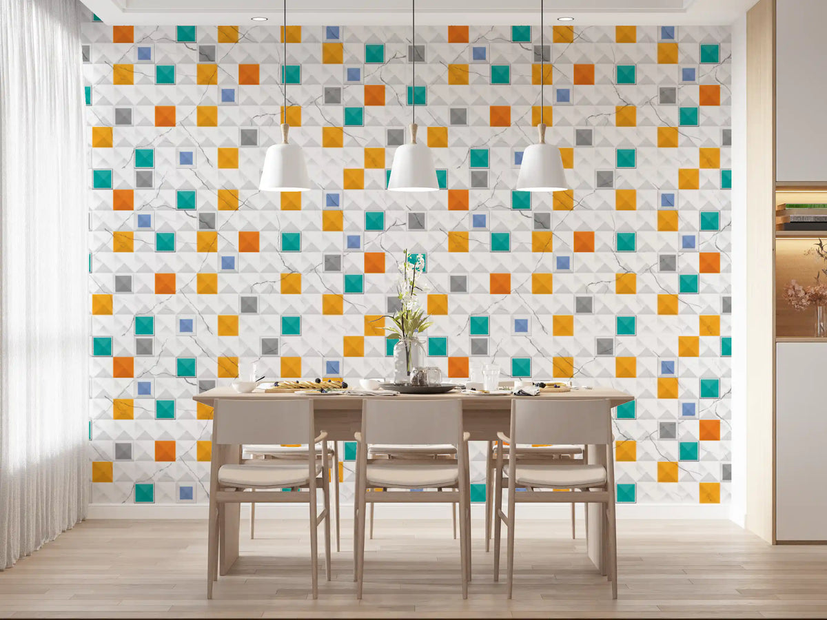 Geometric wallpaper in a dining room with light oak table and white pendants GD13907