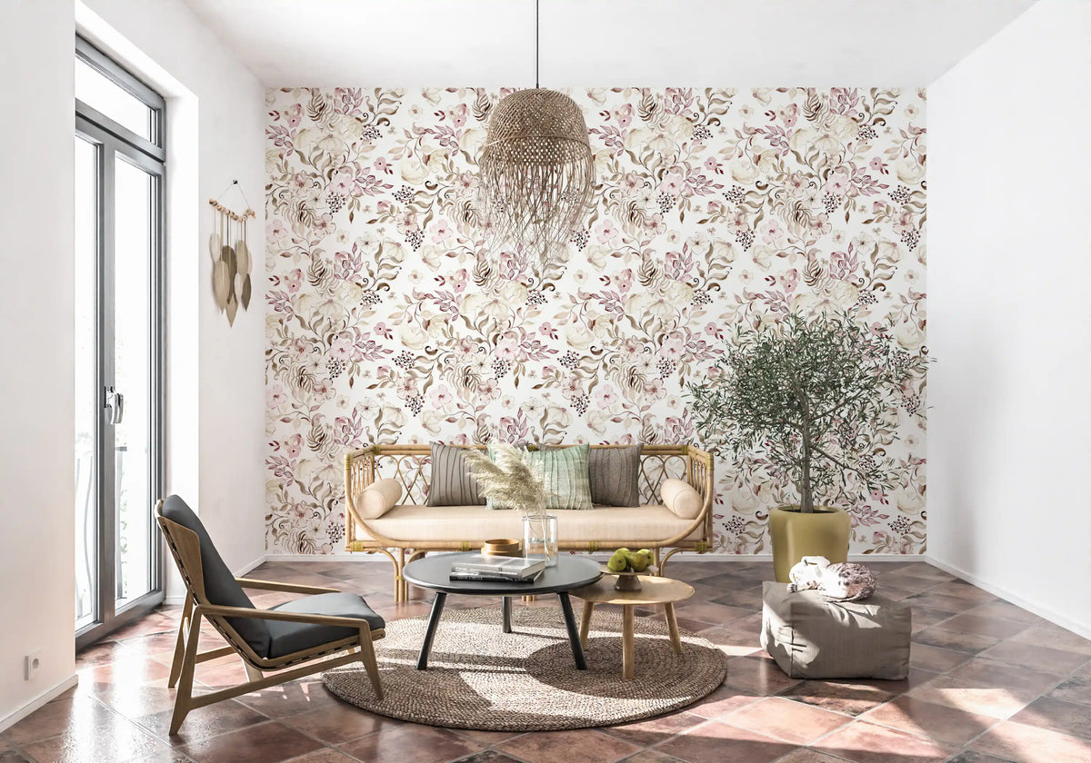 Blush and Ivory Watercolor Subtle Garden Wallpaper⁠