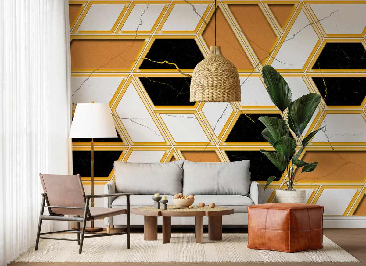 Geometric wallpaper mural behind a gray sofa, leather armchair and cognac pouf in a bright living room GD13911