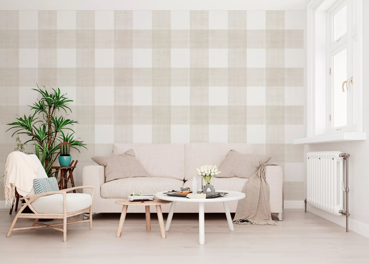 Beige Gingham Plaid Linen Look Texture Wallpaper⁠