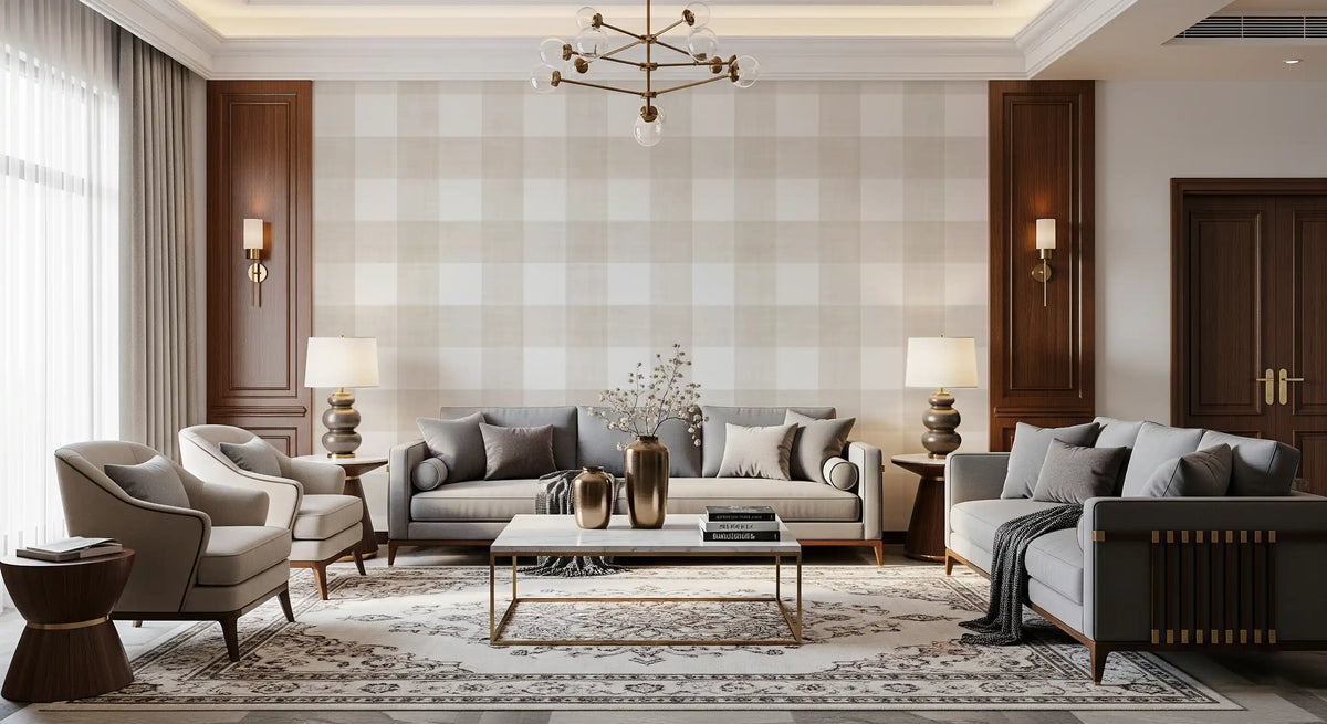 Beige Gingham Plaid Linen Look Texture Wallpaper⁠
