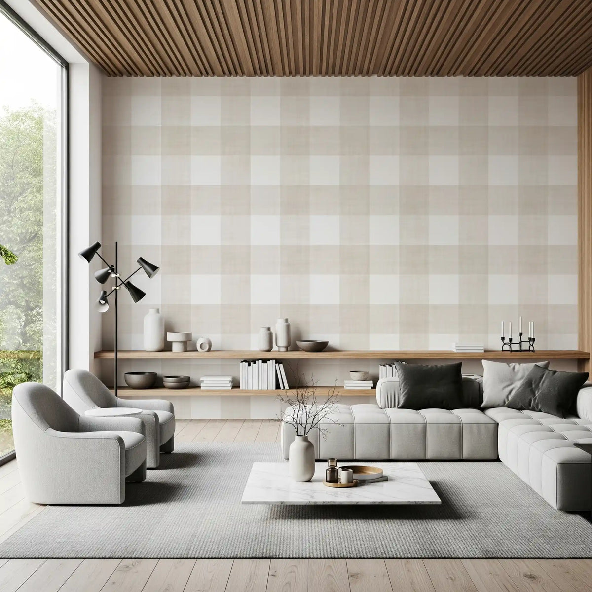 Beige Gingham Plaid Linen Look Texture Wallpaper⁠