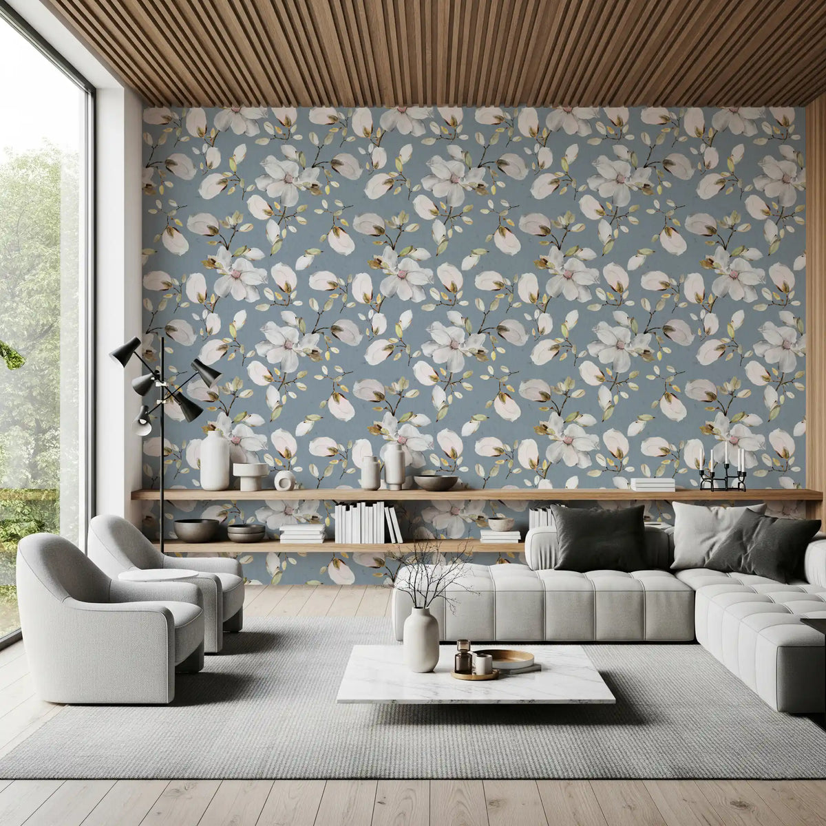 Magnolia Flowers Ocean Blue Wallpaper⁠